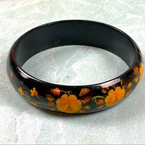 Vintage hand painted wooden bangle bracelet with yellow and orange flowers